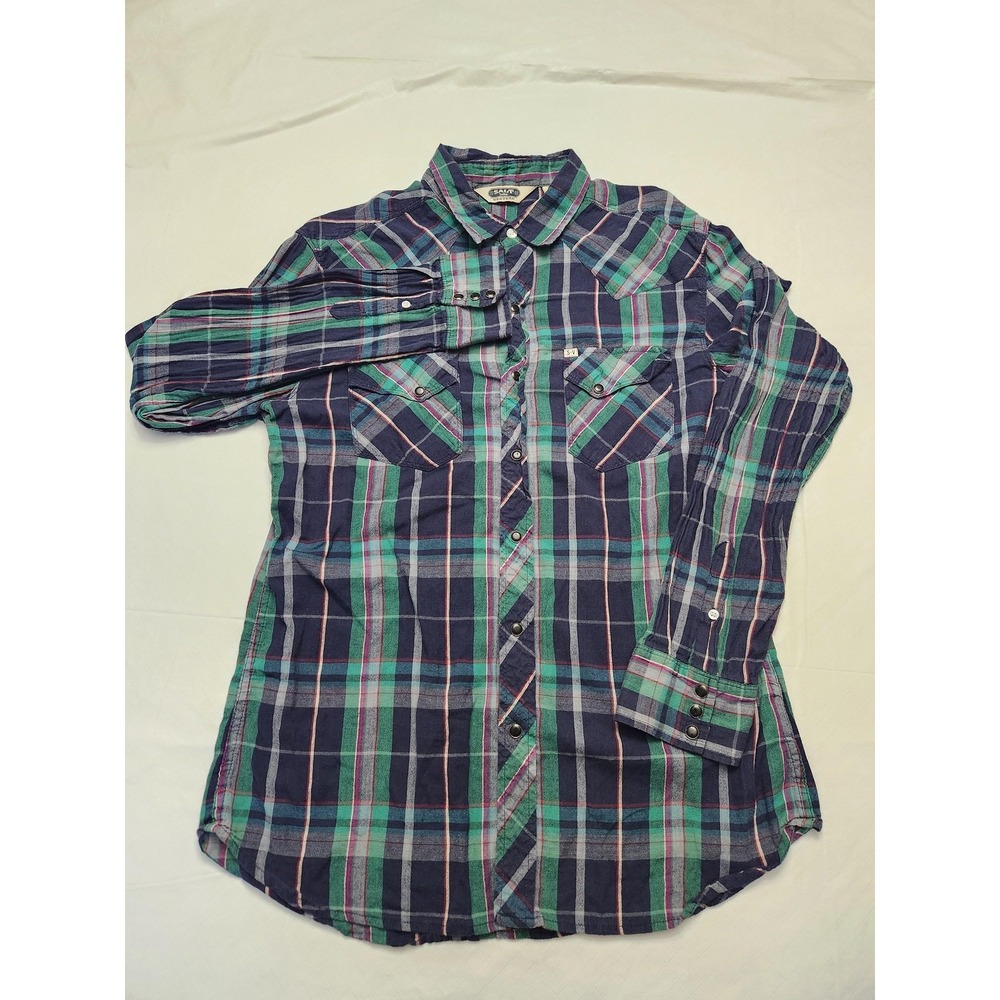 Salt Valley Shirt Mens‎ Large Blue Plaid Western Snap Flannel Long Sleeve Casual